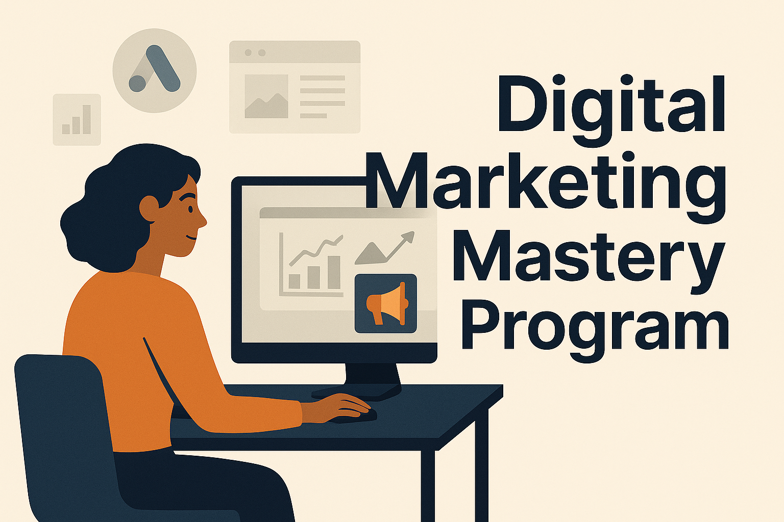 Student learning digital marketing analytics, ads, and strategy — Digital Marketing Mastery Program.